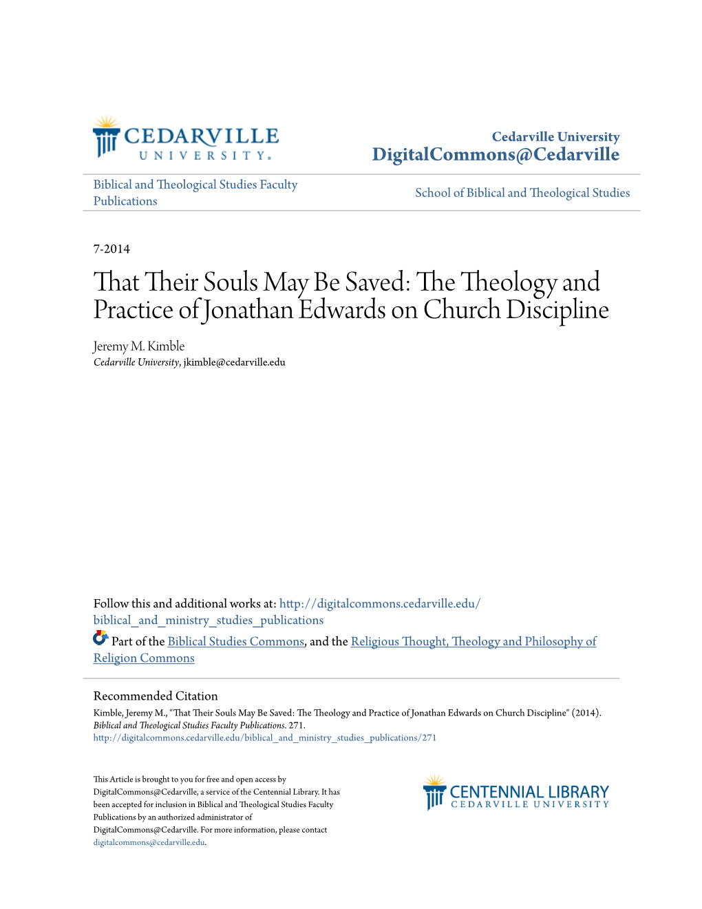 That Their Souls May Be Saved: the Theology and Practice of Jonathan Edwards on Church Discipline — Jeremy M