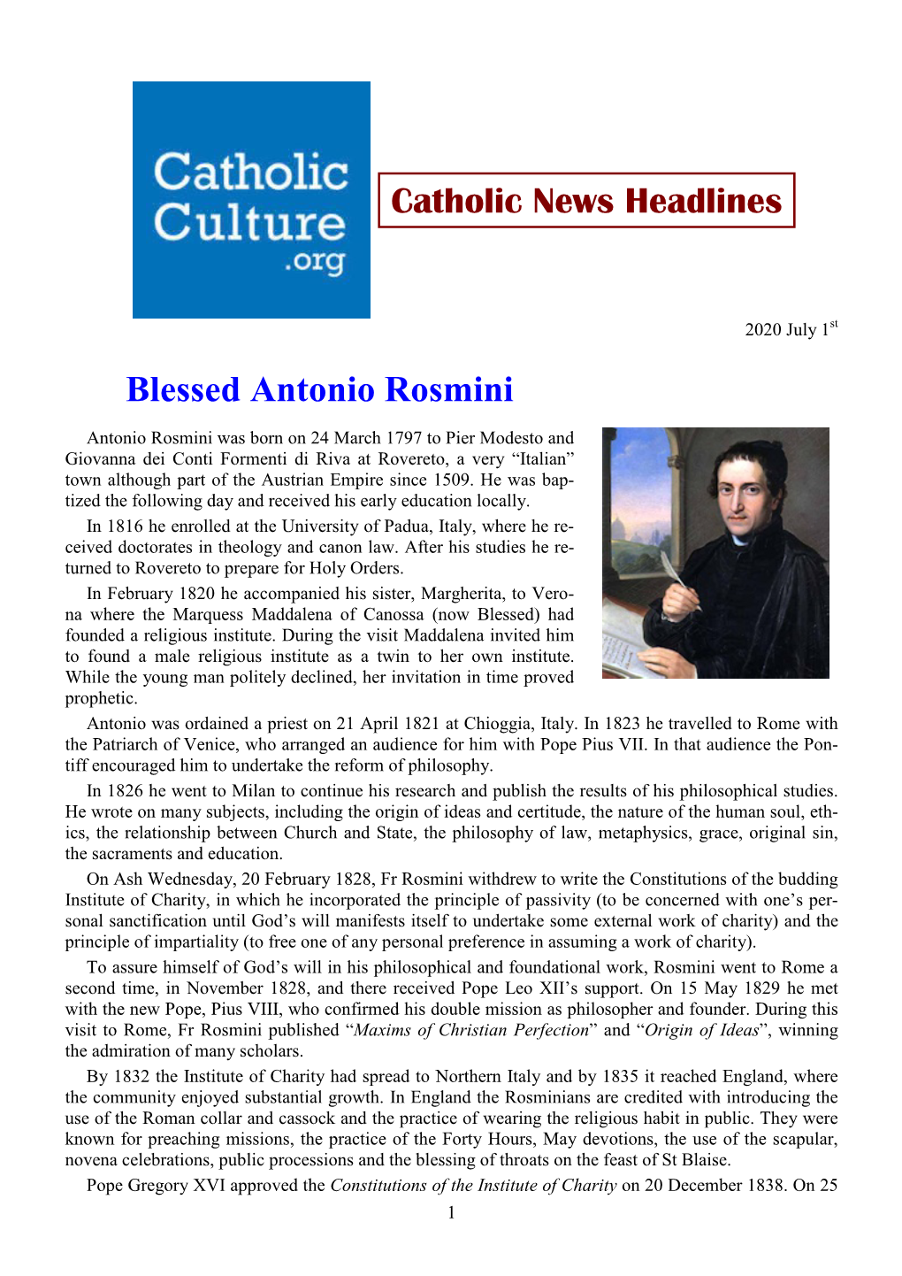 Blessed Antonio Rosmini Catholic News Headlines