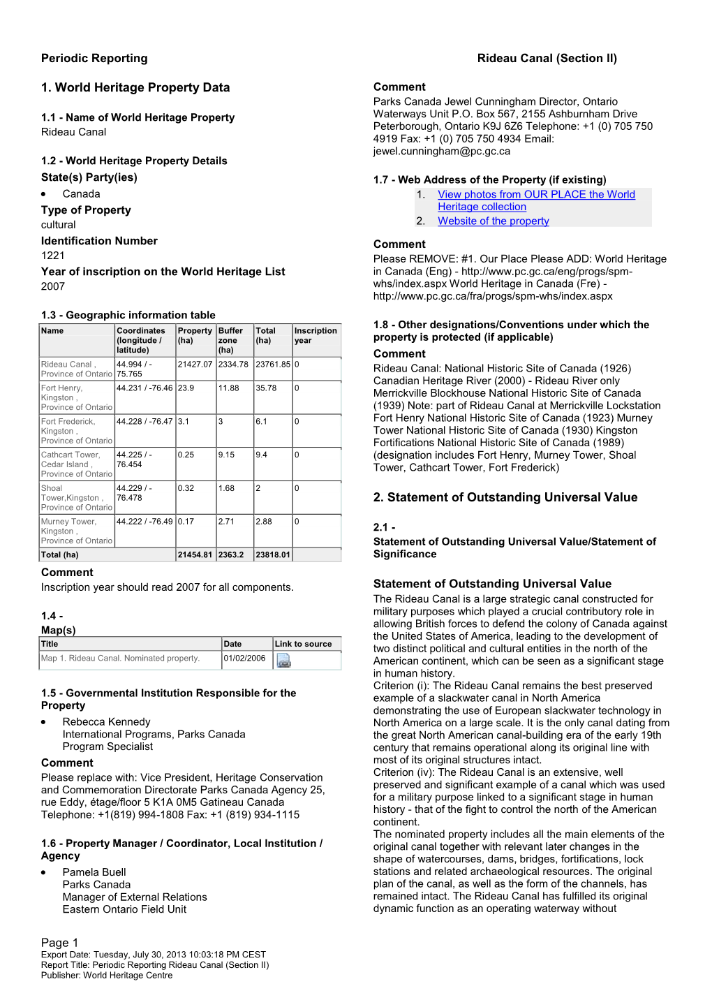 2013 Periodic Report to UNESCO