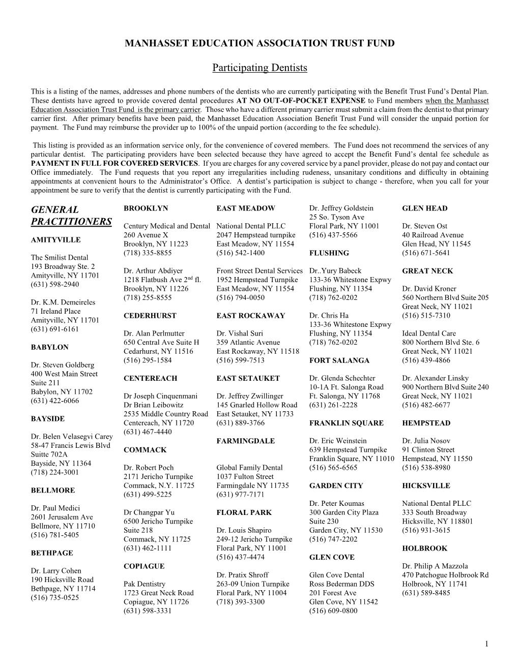 List of Participating Dentists