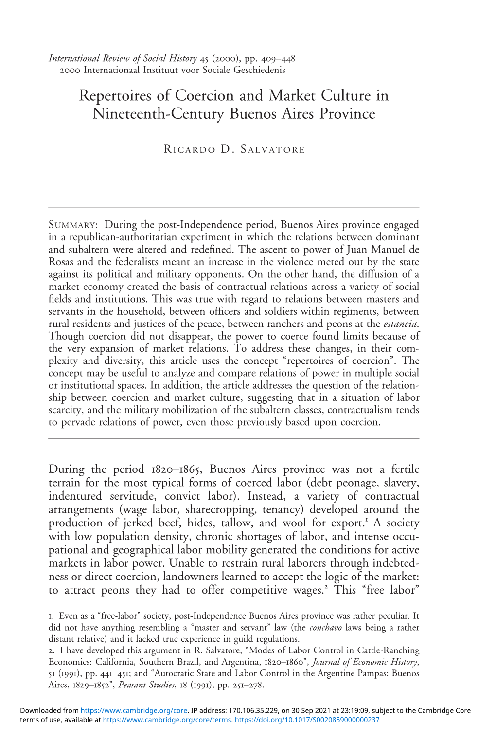Repertoires of Coercion and Market Culture in Nineteenth-Century Buenos Aires Province
