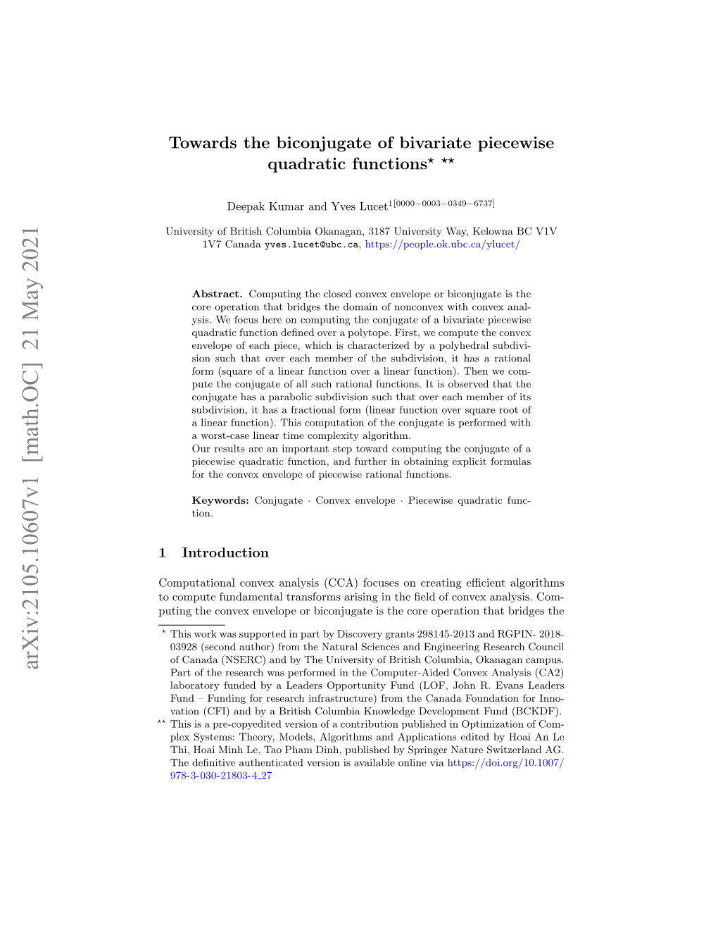 Arxiv:2105.10607V1 [Math.OC] 21 May 2021