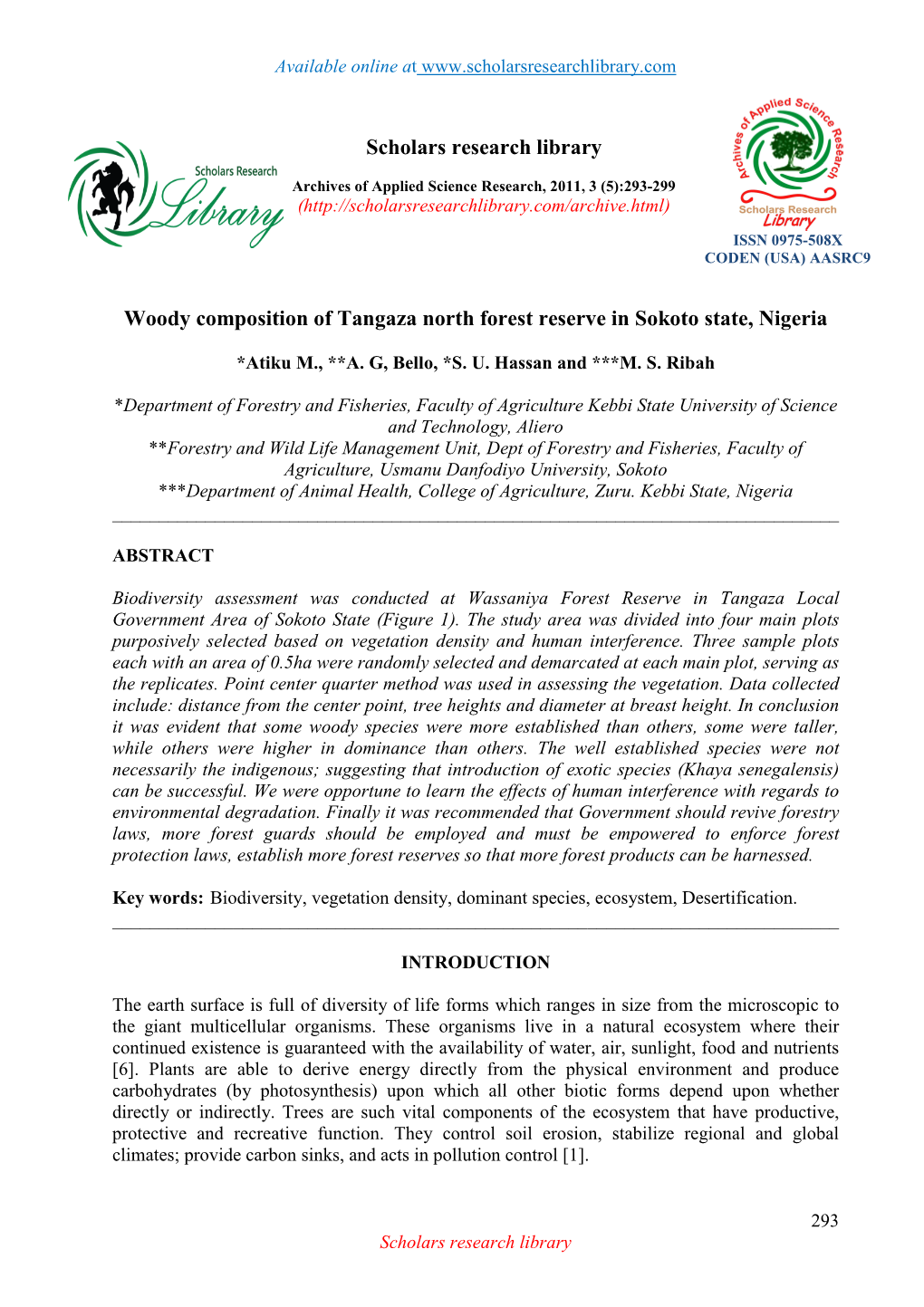 Scholars Research Library Woody Composition of Tangaza North Forest