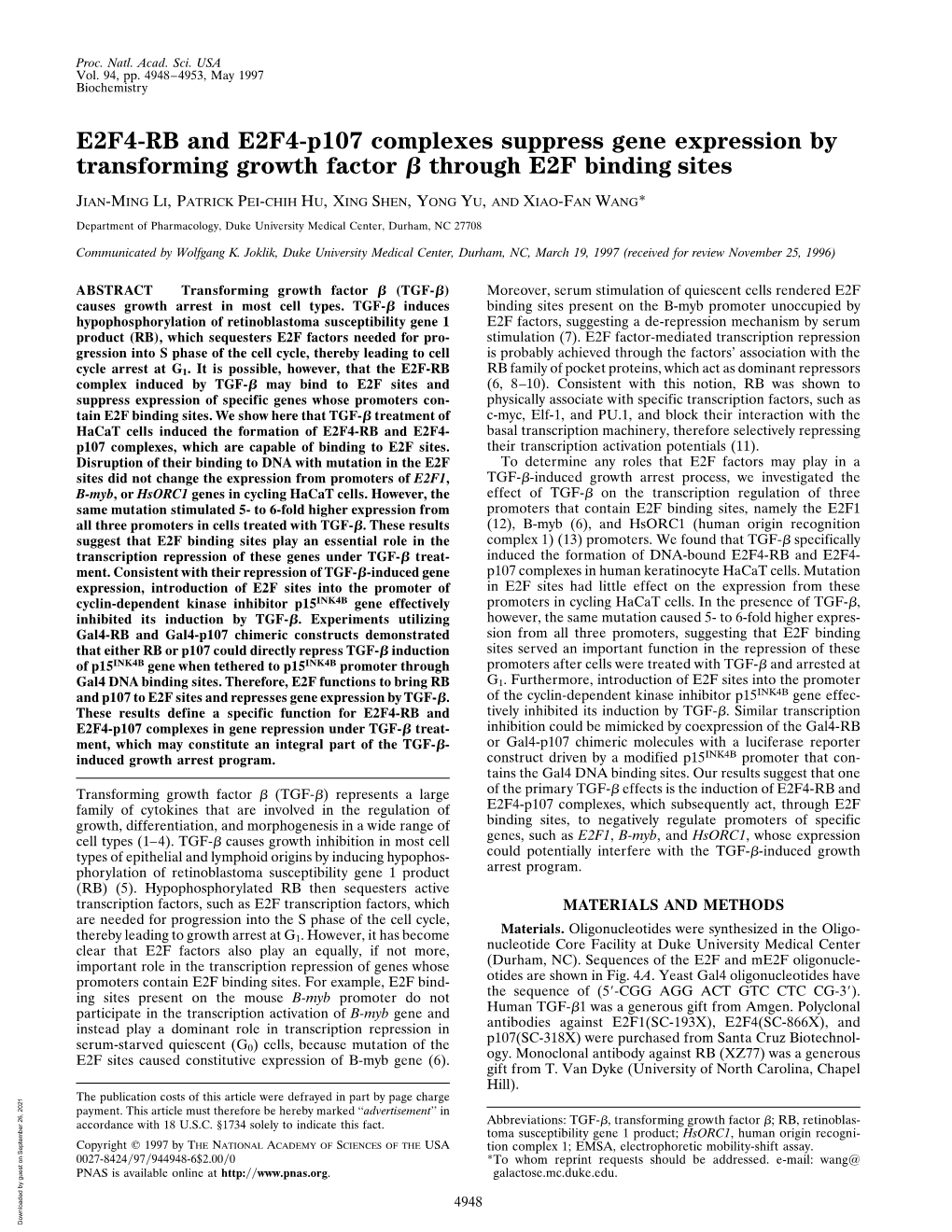 E2F4-RB and E2F4-P107 Complexes Suppress Gene Expression by Transforming Growth Factor ␤ Through E2F Binding Sites