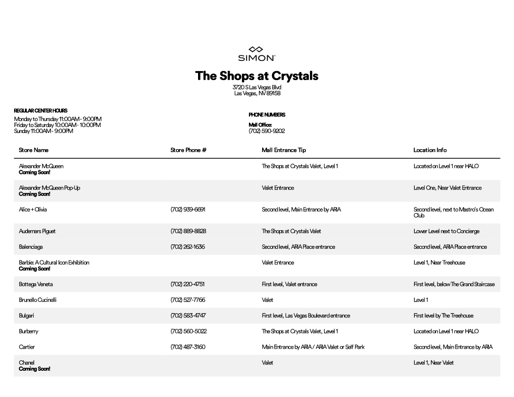 Complete List of Stores Located at the Shops at Crystals