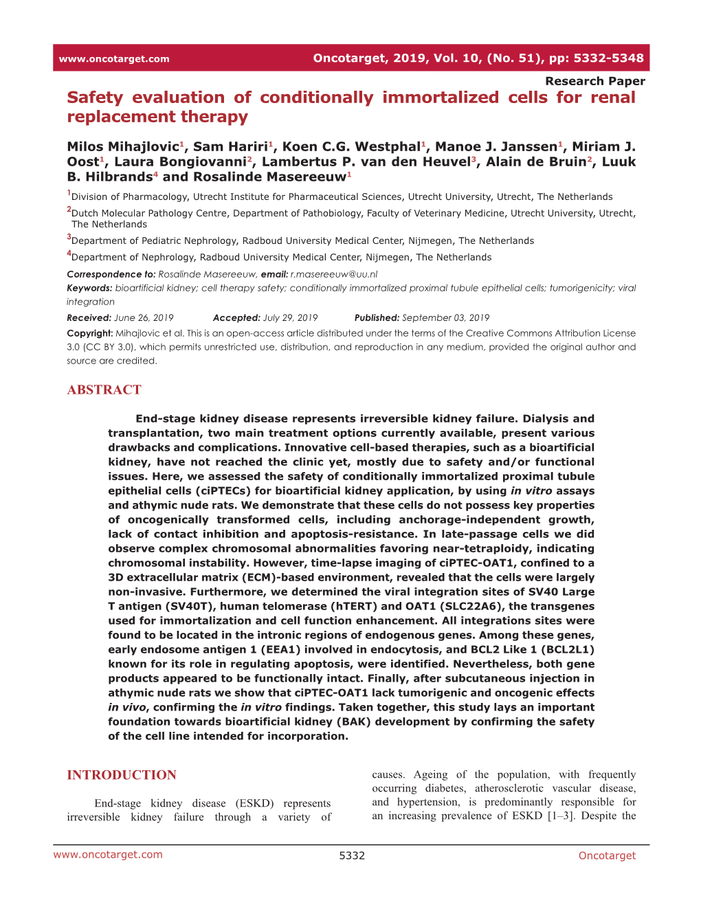 Safety Evaluation of Conditionally Immortalized Cells for Renal Replacement Therapy