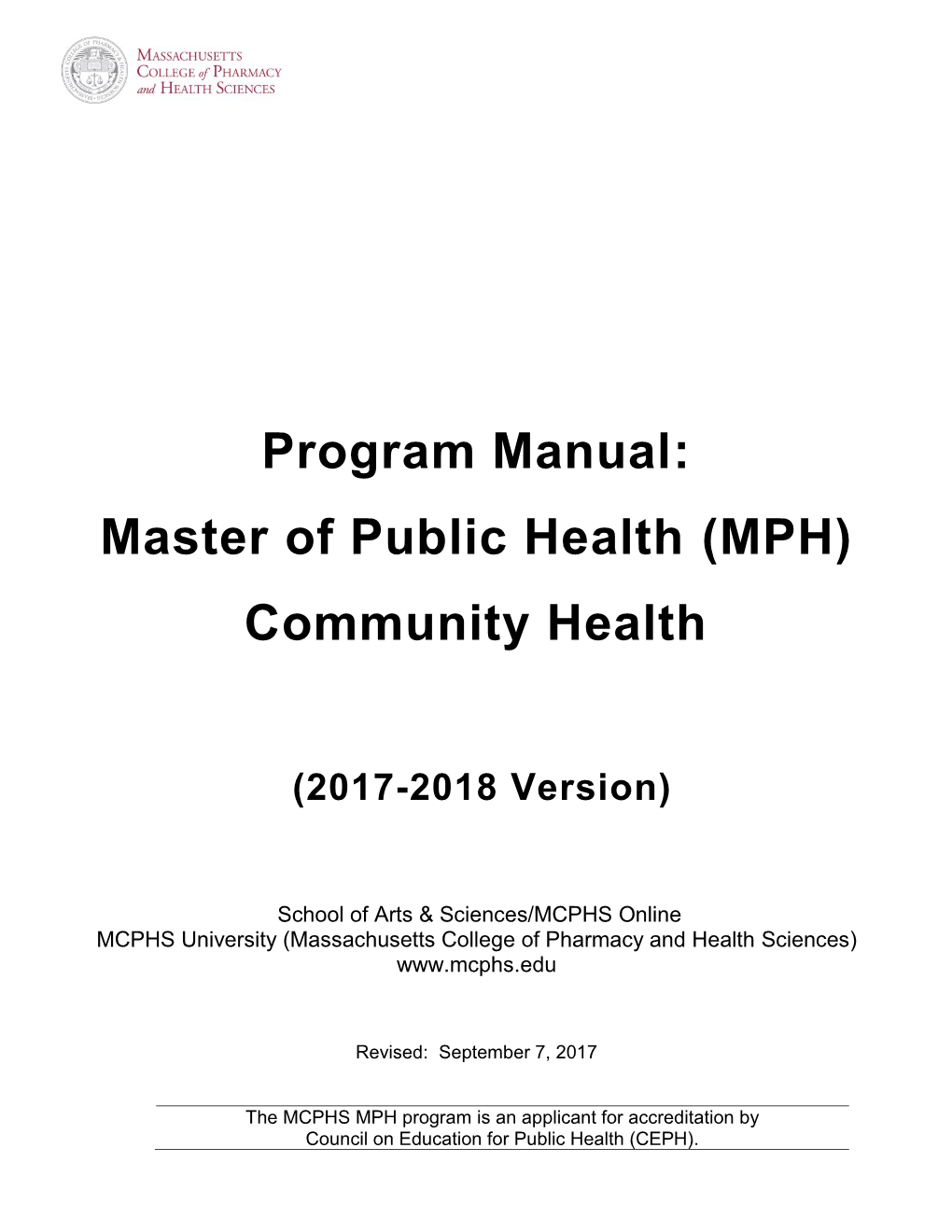 Program Manual: Master of Public Health (MPH) Community Health