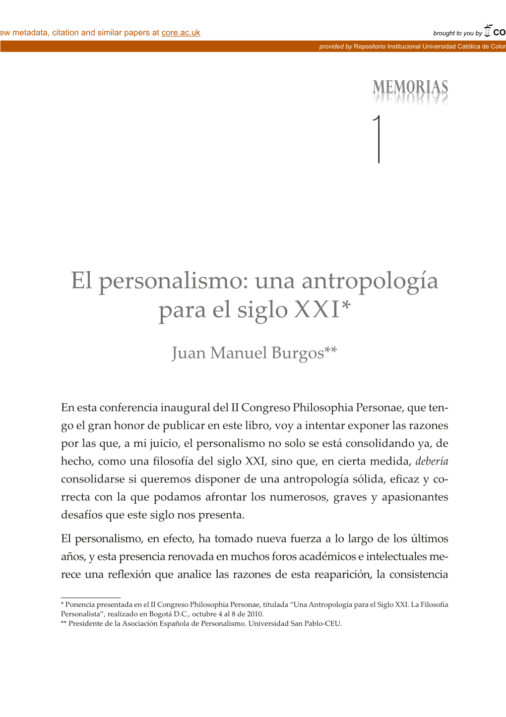 El Personalismo: Una Antropología Para El Siglo XXI*