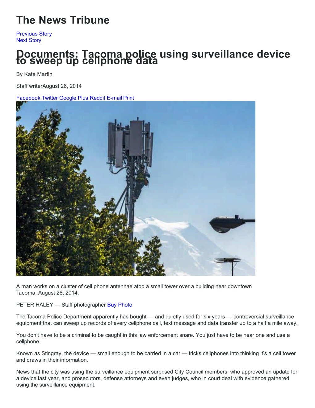 Tacoma Police Using Surveillance Device to Sweep up Cellphone Data by Kate Martin