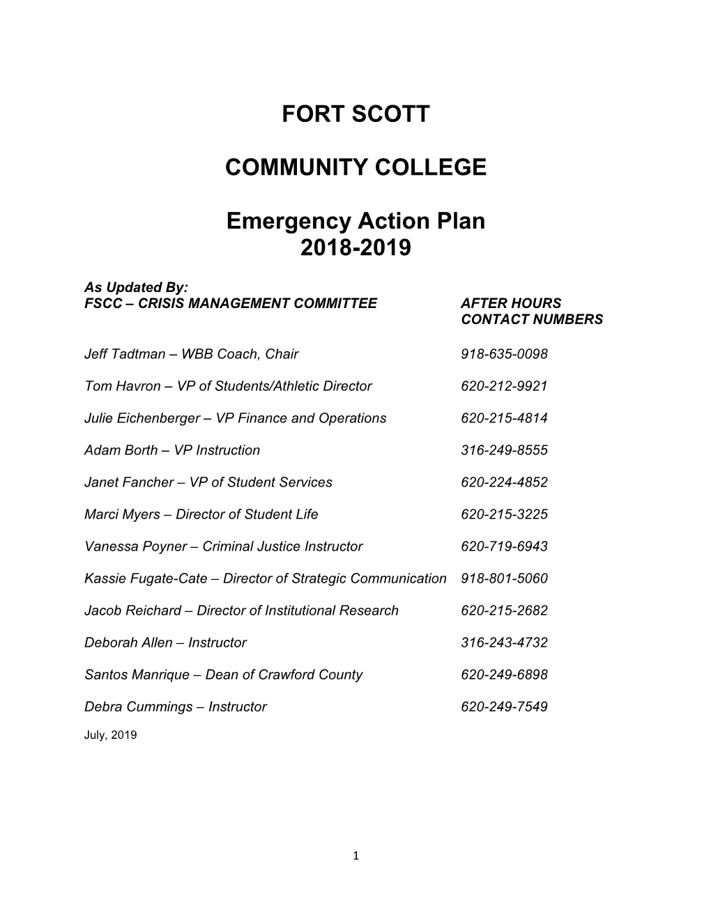 FORT SCOTT COMMUNITY COLLEGE Emergency Action Plan