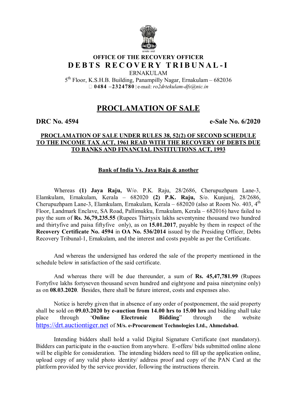 Debts Recovery Tribunal-I Proclamation of Sale