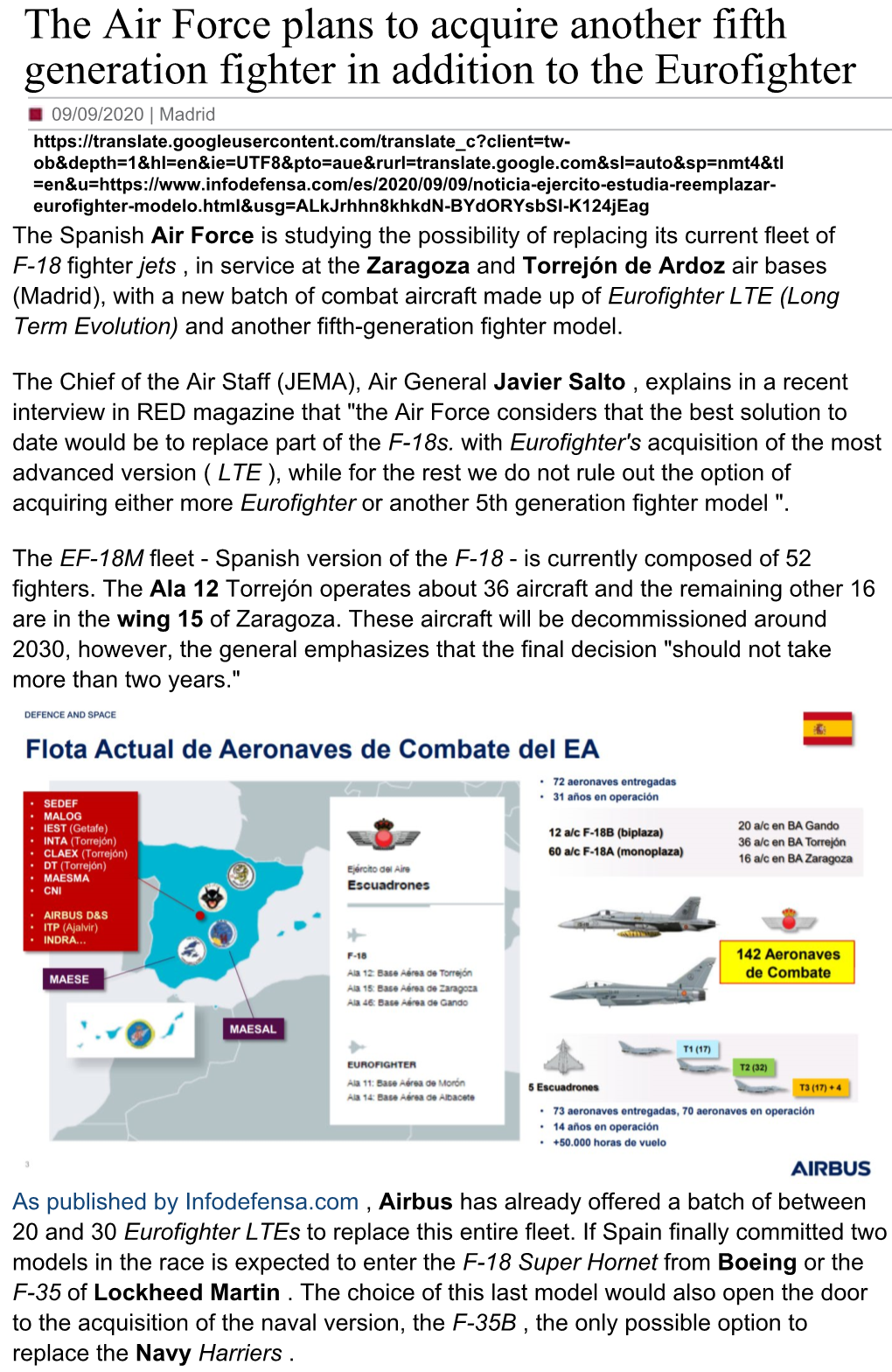 The Air Force Plans to Acquire Another Fifth Generation Fighter in Addition to the Eurofighter 09/09/2020 | Madrid