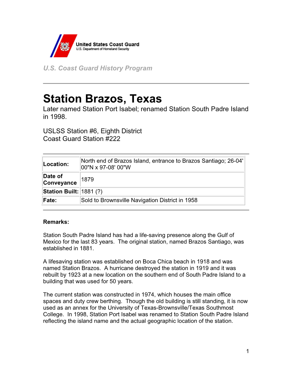 Station Brazos, Texas Later Named Station Port Isabel; Renamed Station South Padre Island in 1998