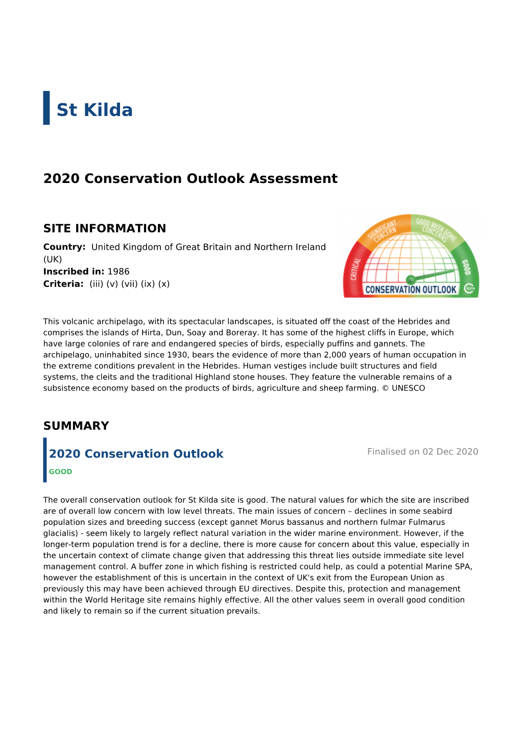 2020 Conservation Outlook Assessment