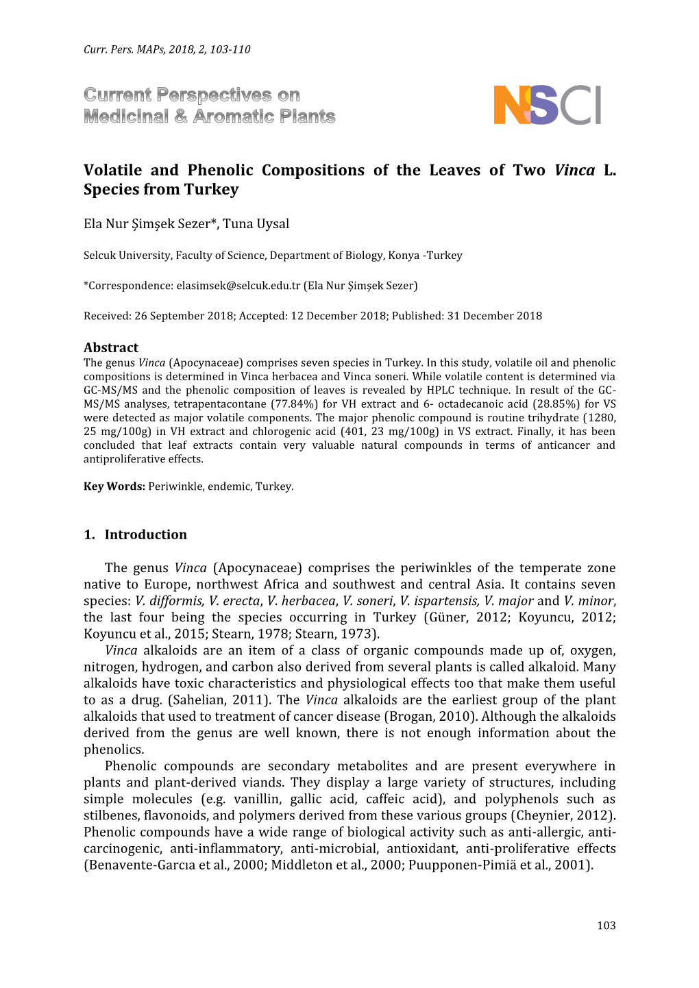 Volatile and Phenolic Compositions of the Leaves of Two Vinca L. Species from Turkey