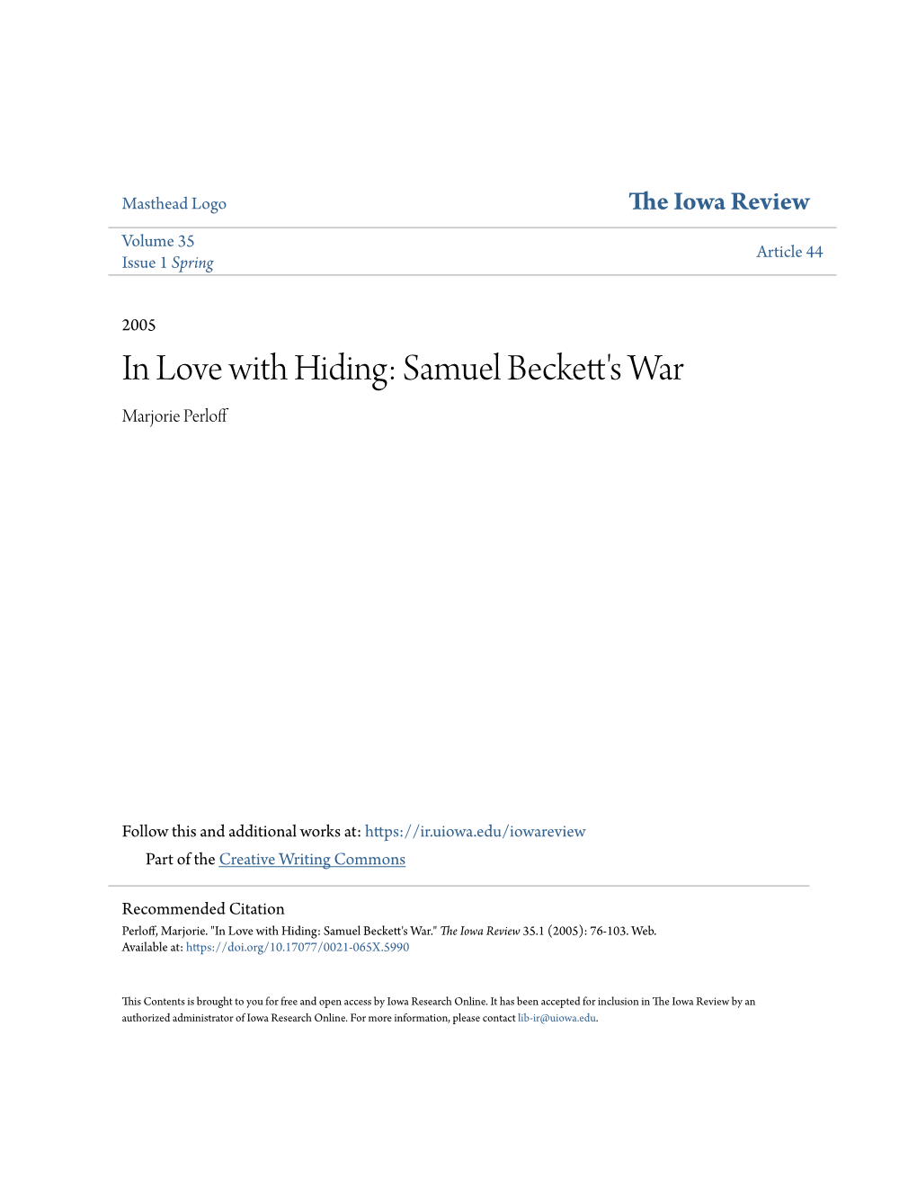 In Love with Hiding: Samuel Beckett's War Marjorie Perloff