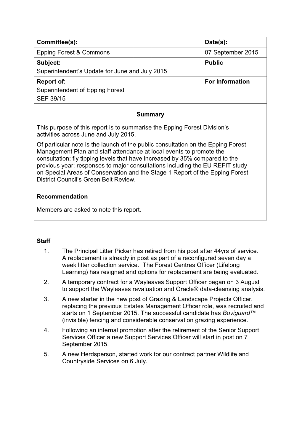 Report Of: for Information Superintendent of Epping Forest SEF 39/15