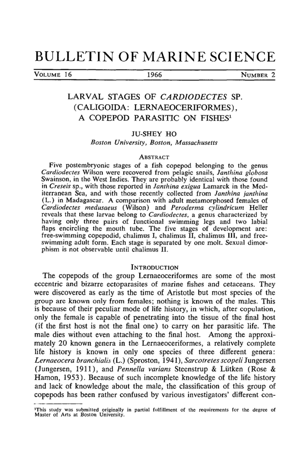 Larval Stages of <I>Cardiodectes</I> Sp. (Caligoida: Lernaeoceriformes