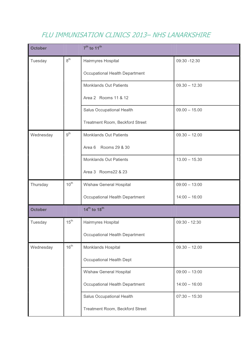 Flu Immunisation Clinics 2013– Nhs Lanarkshire