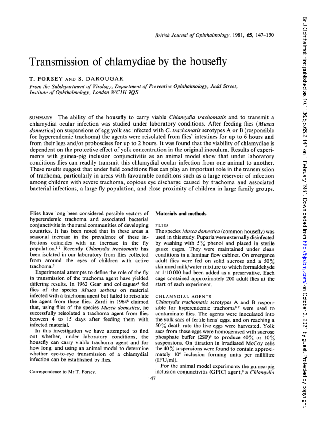 Transmission of Chlamydiae by the Housefly