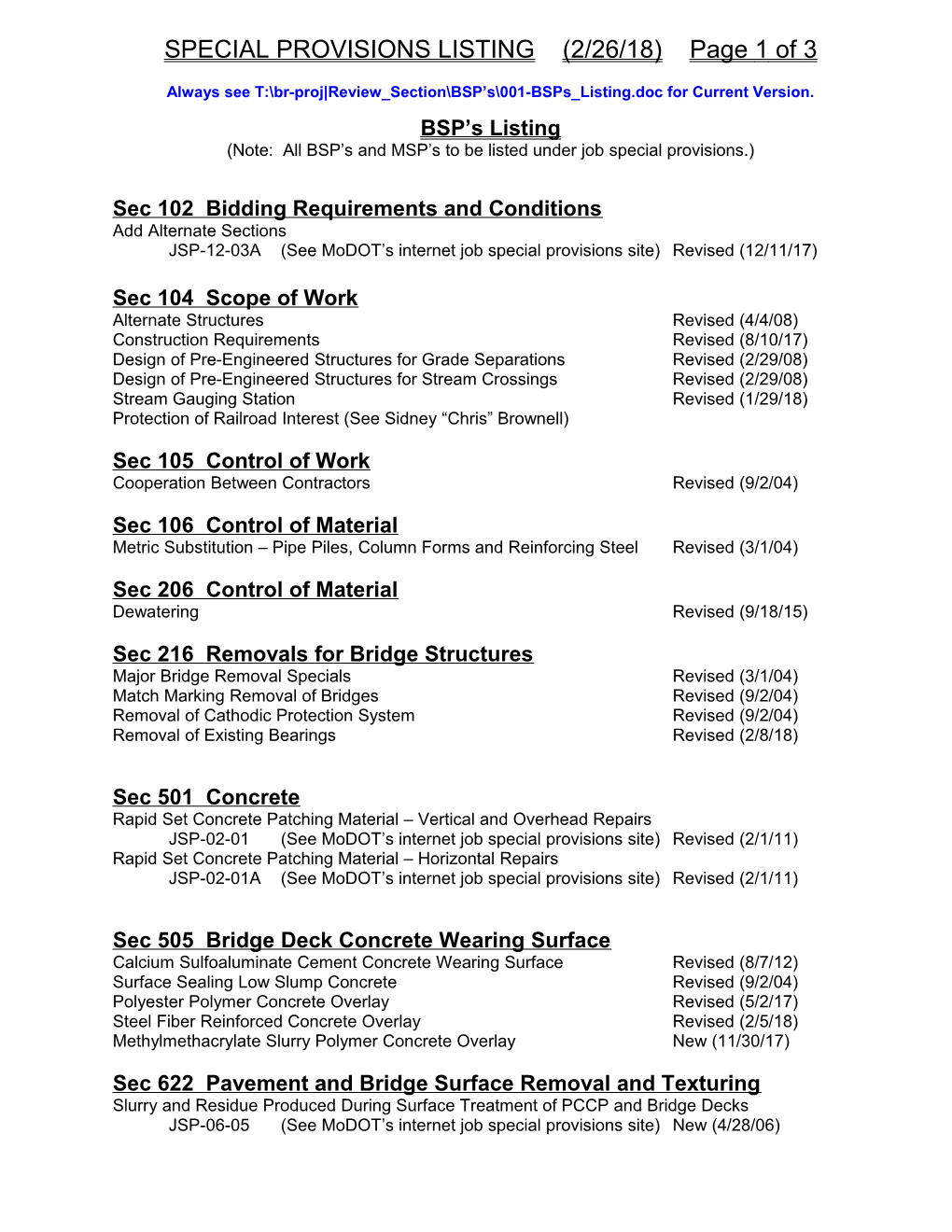 SPECIAL PROVISIONS LISTING (2/26/18) Page 1 of 3