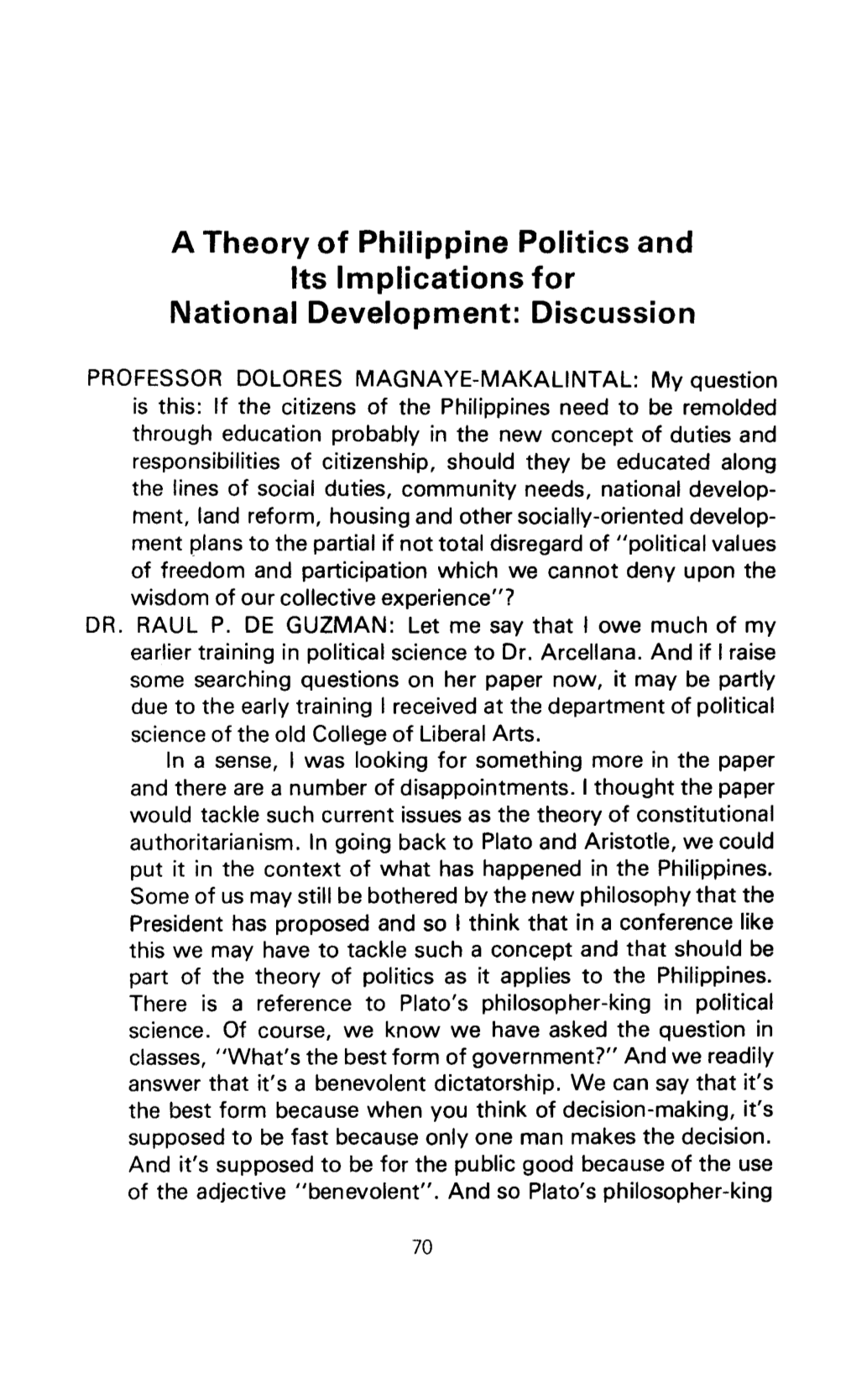 A Theory of Philippine Politics and Its Implications for National Development: Discussion