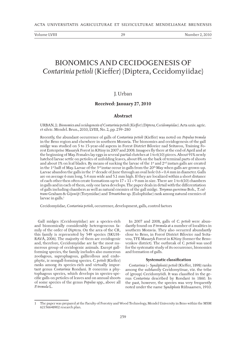 Bionomie a Cecidogeneze Contarinia Petioli (Kieffer) (Diptera