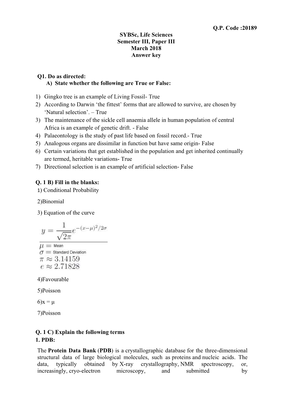 20189 Sybsc, Life Sciences Semester III, Paper III March 2018 Answer Key