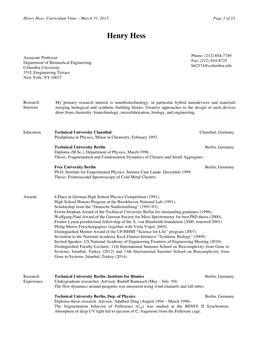 Henry Hess: Curriculum Vitae – March 31, 2015 Page 1 of 23