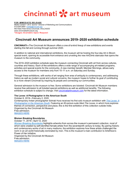 Cincinnati Art Museum Announces 2019–2020 Exhibition Schedule