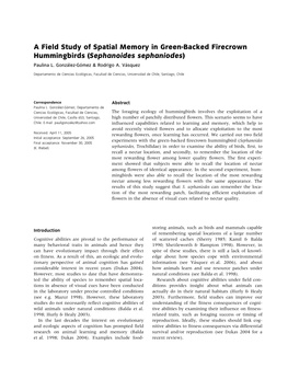 A Field Study of Spatial Memory in Green-Backed Firecrown Hummingbirds (Sephanoides Sephaniodes) Paulina L