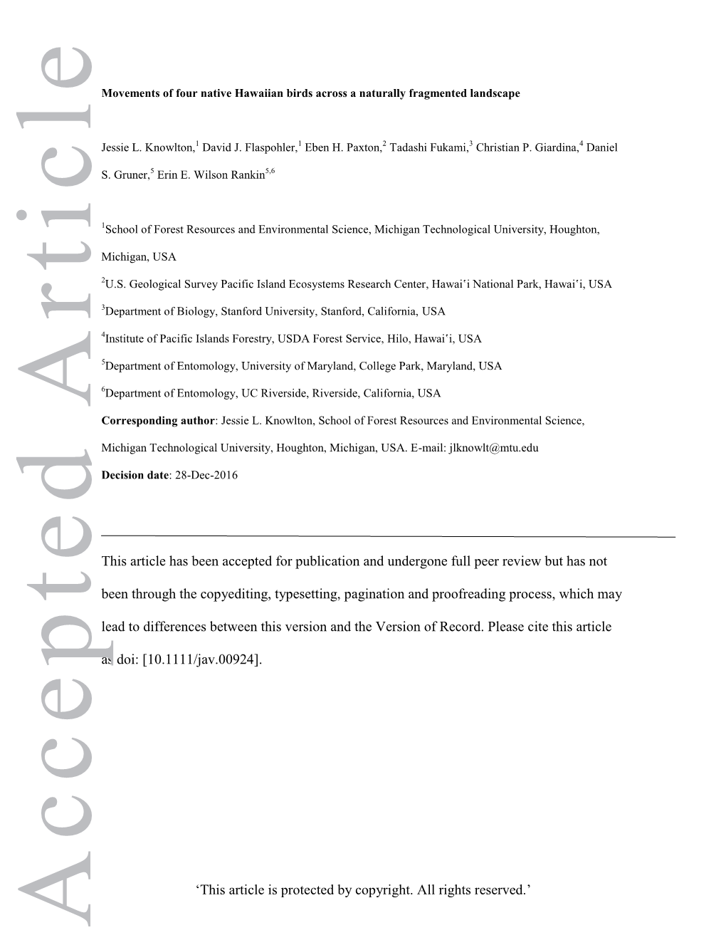 Movements of Four Native Hawaiian Birds Across a Naturally Fragmented Landscape