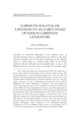 Garshuni Malayalam: a Witness to an Early Stage of Indian Christian Literature