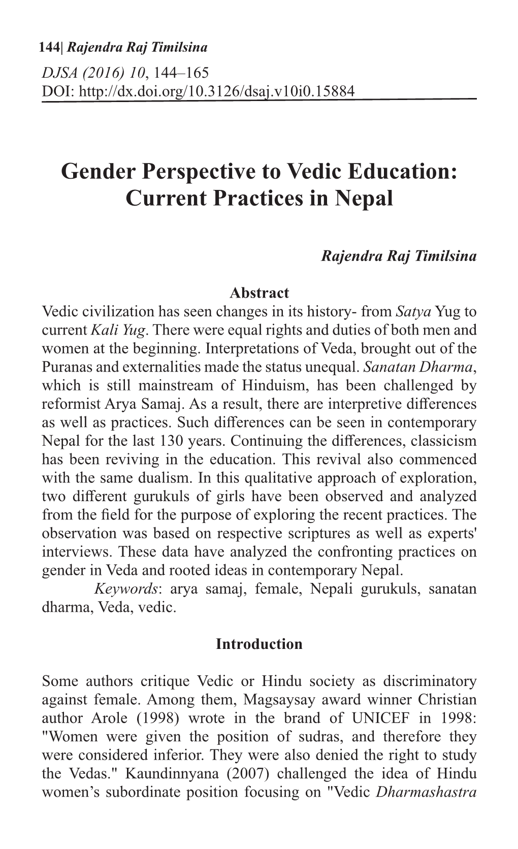 Gender Perspective to Vedic Education: Current Practices in Nepal