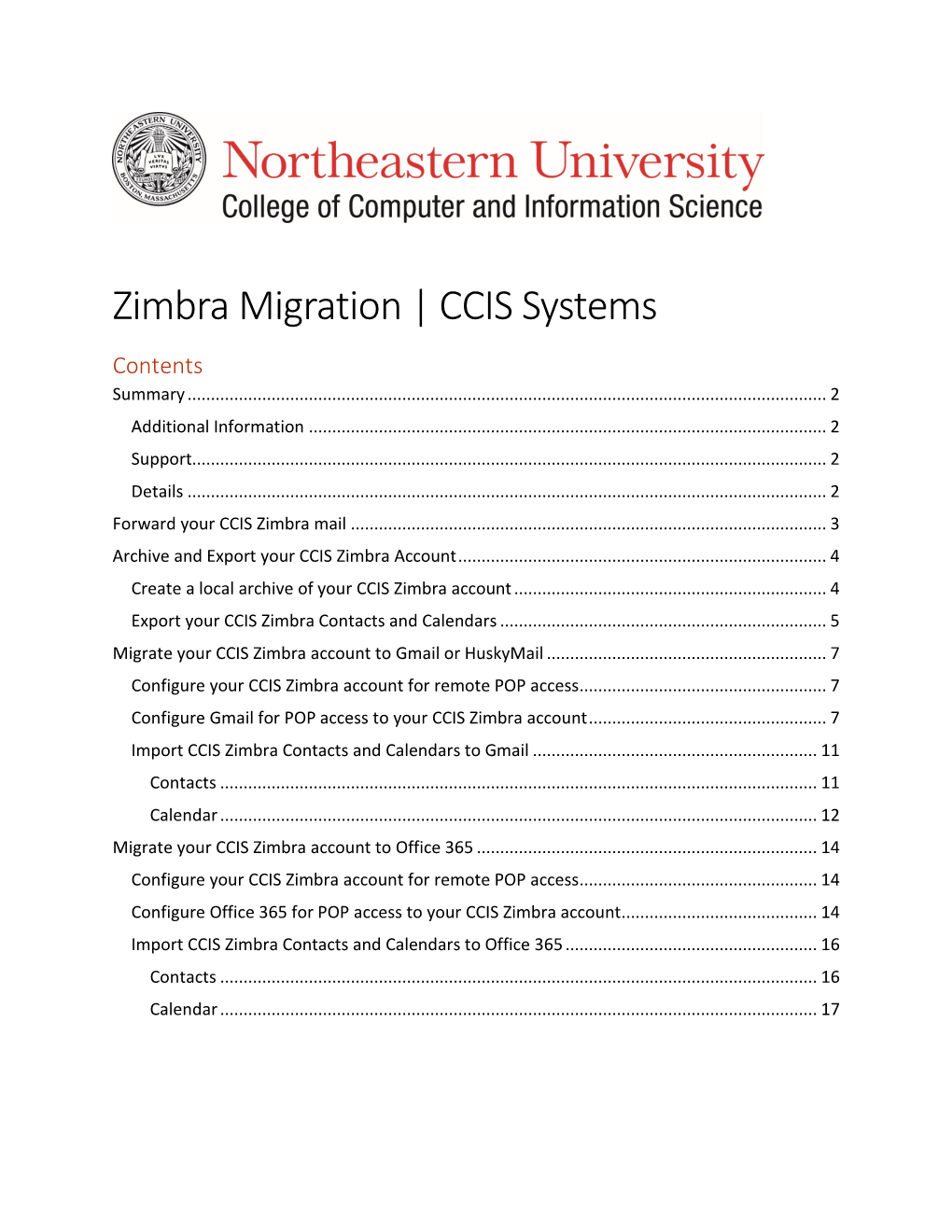 Zimbra Migration | CCIS Systems Contents Summary