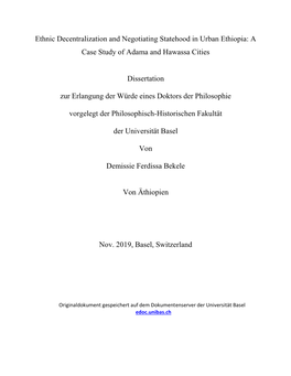 Ethnic Decentralization and Negotiating Statehood in Urban Ethiopia: a Case Study of Adama and Hawassa Cities