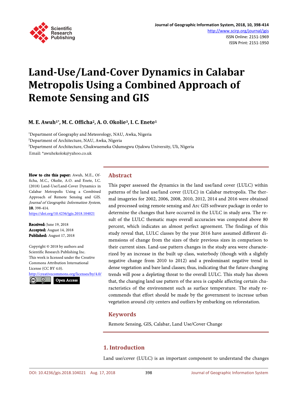 Land-Use/Land-Cover Dynamics in Calabar Metropolis Using a Combined Approach of Remote Sensing and GIS