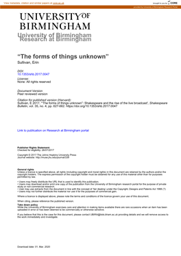 University of Birmingham “The Forms of Things Unknown”