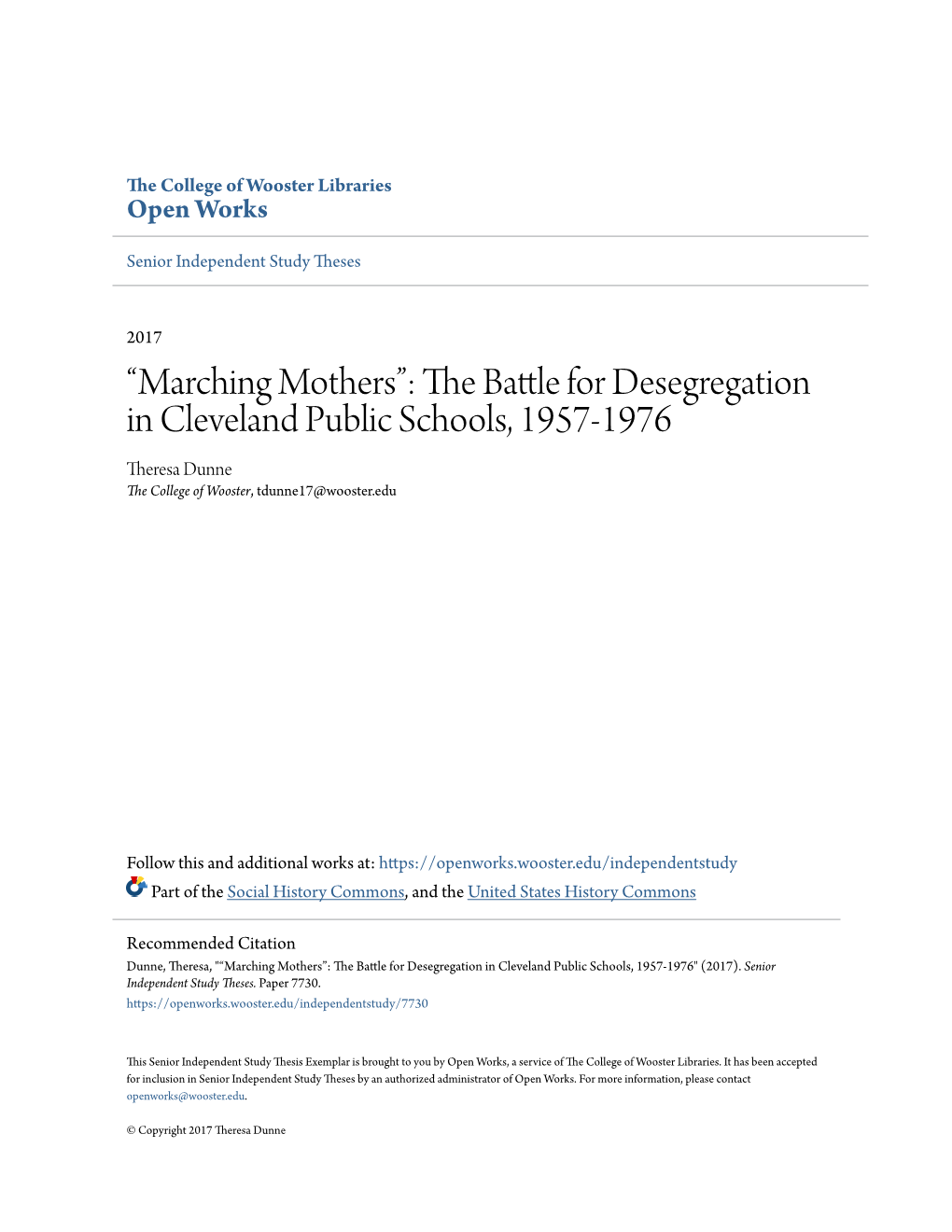 The Battle for Desegregation in Cleveland Public Schools, 1957-1976