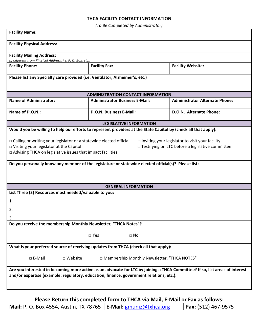 Thca Facility Contact Information