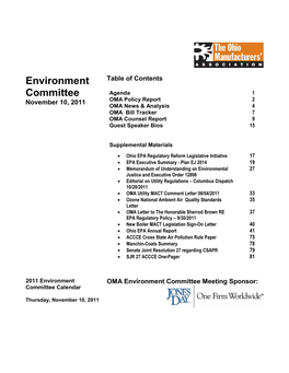 Environment Committee Agenda 1 November 10, 2011 OMA Policy Report 2 OMA News & Analysis 4 OMA Bill Tracker 7 OMA Counsel Report 9 Guest Speaker Bios 15