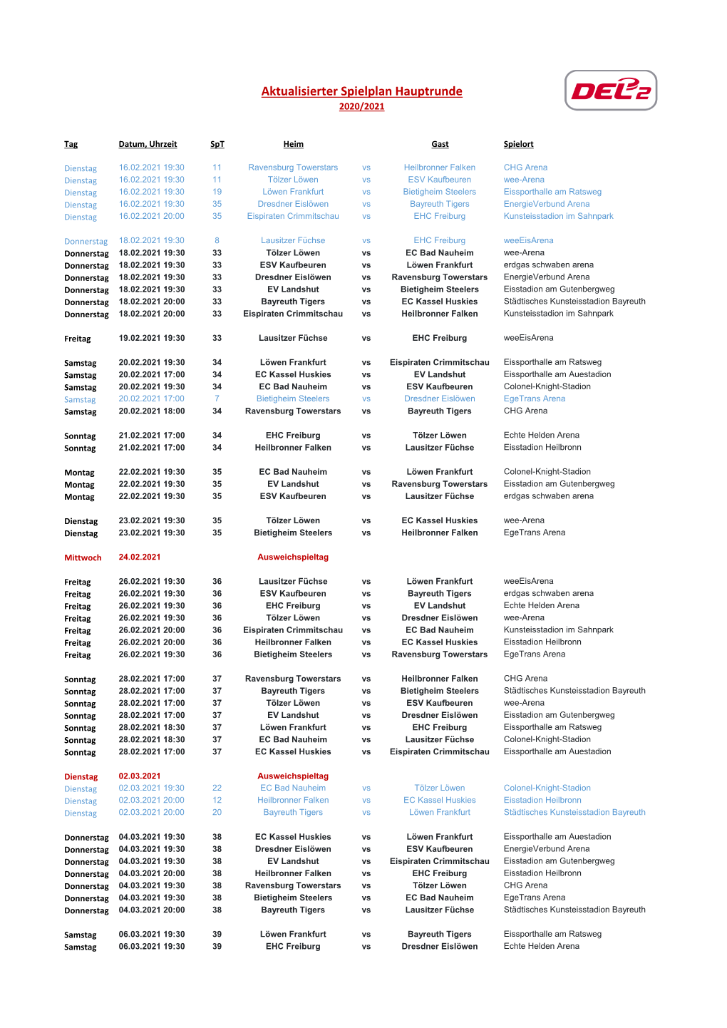 Aktualisierter Spielplan Hauptrunde 2020/2021