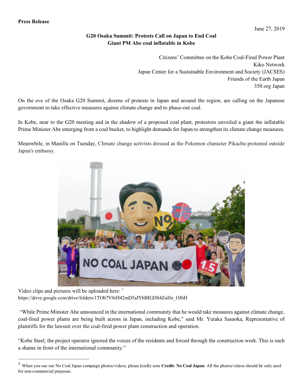 Press Release June 27, 2019 G20 Osaka Summit: Protests Call on Japan to End Coal Giant PM Abe Coal Inflatable in Kobe Citizens K