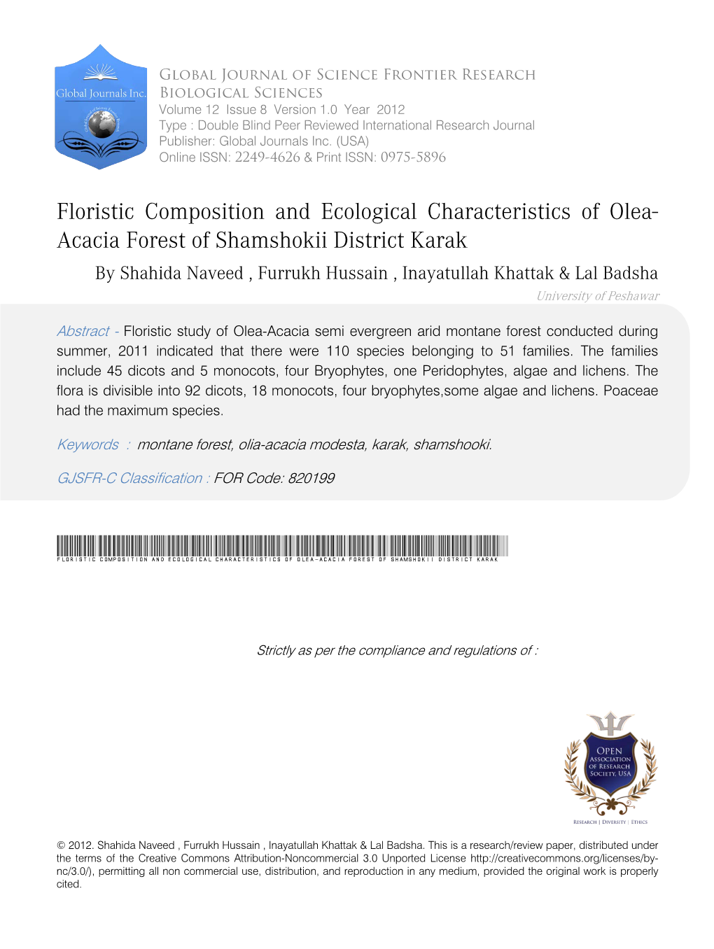 Floristic Composition and Ecological Characteristics of Olea-Acacia Forest of Shamshokii District Karak