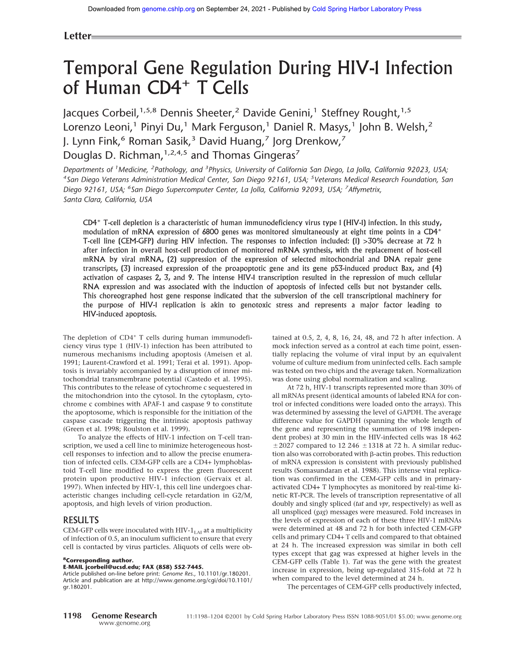 Temporal Gene Regulation During HIV-1 Infection of Human CD4 T Cells