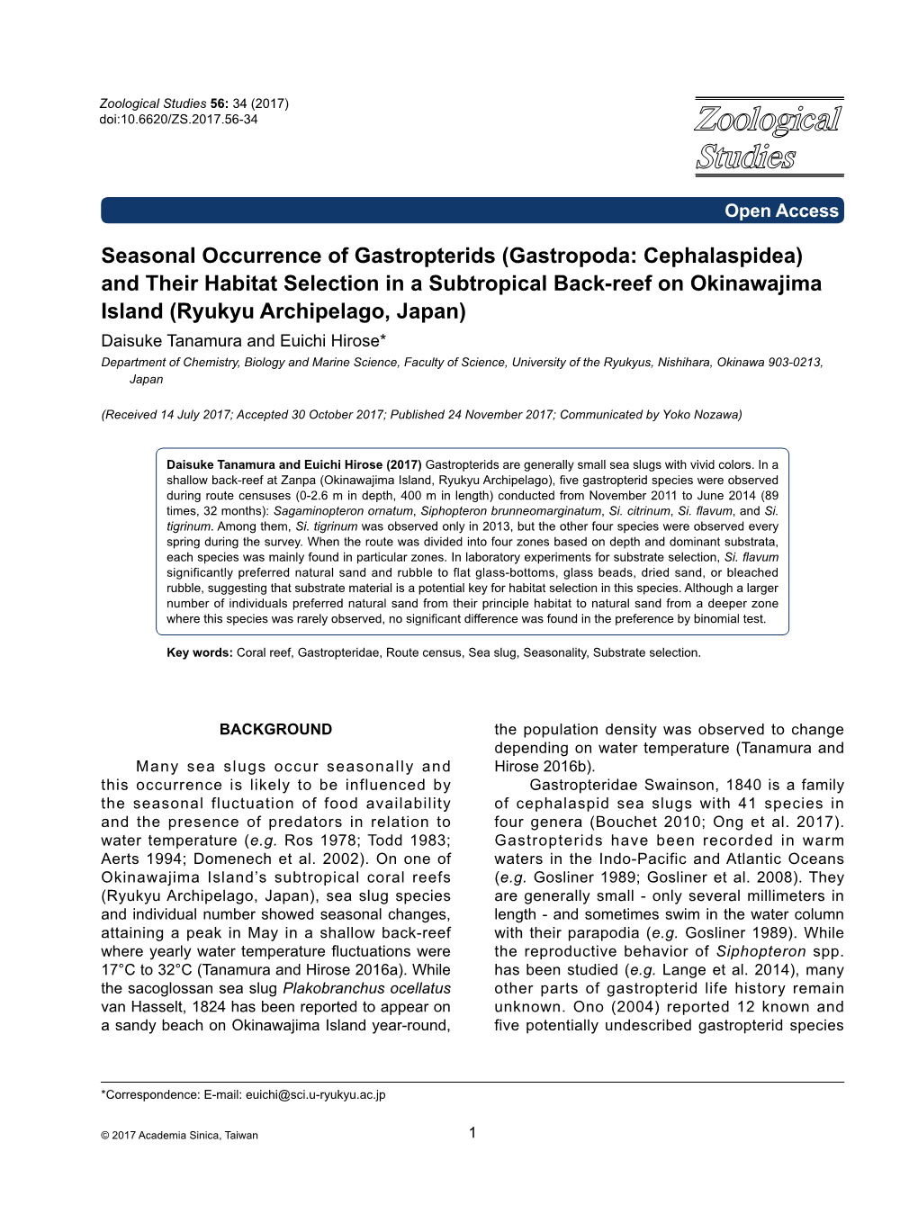 Seasonal Occurrence of Gastropterids (Gastropoda: Cephalaspidea) and Their Habitat Selection in a Subtropical Back-Reef on Okina