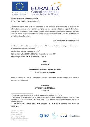 Law on the Status of Judges and Prosecutor in the Republic of Albania Including Initial Law No