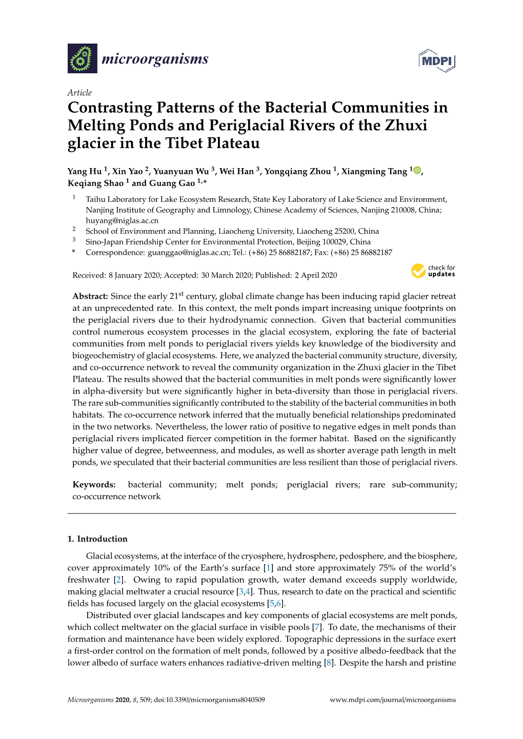 Contrasting Patterns of the Bacterial Communities in Melting Ponds and Periglacial Rivers of the Zhuxi Glacier in the Tibet Plateau