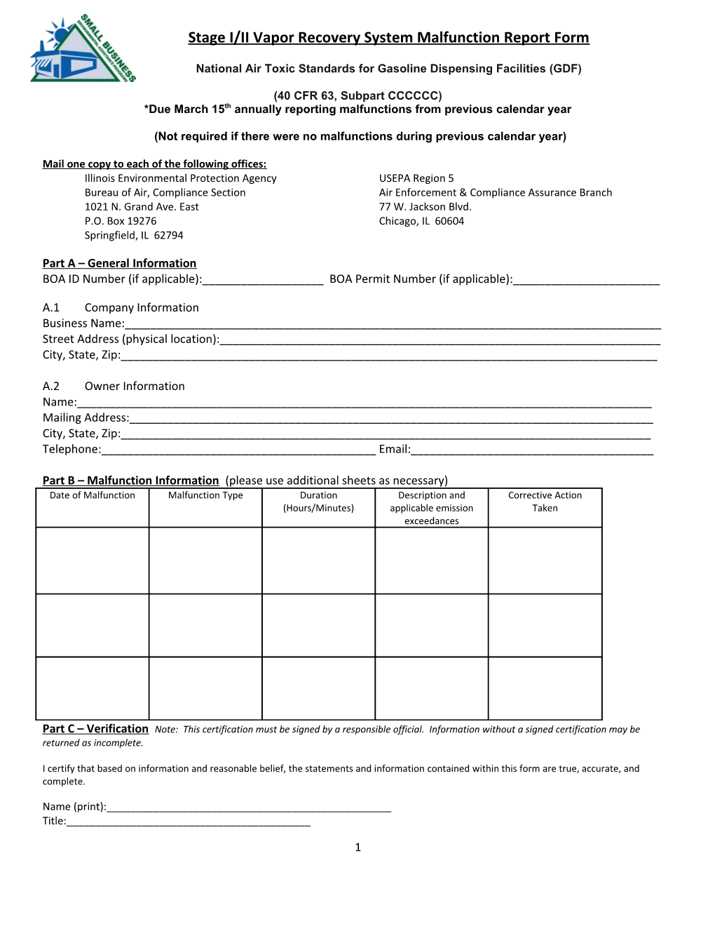 Stage I/II Vapor Recovery System Malfunction Report Form