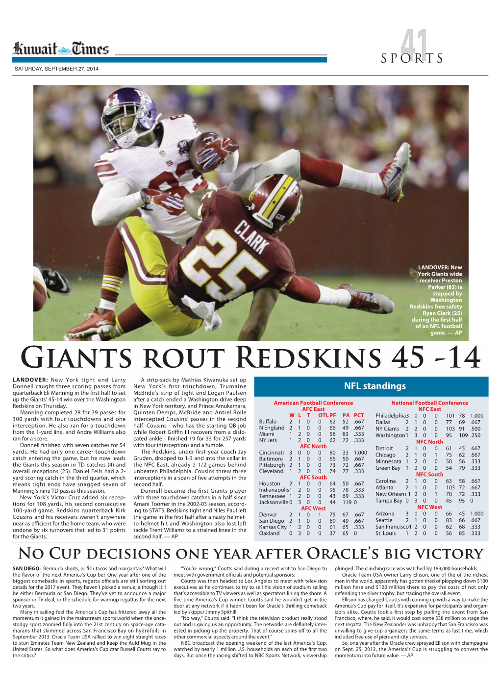 Giants Rout Redskins 45 -14